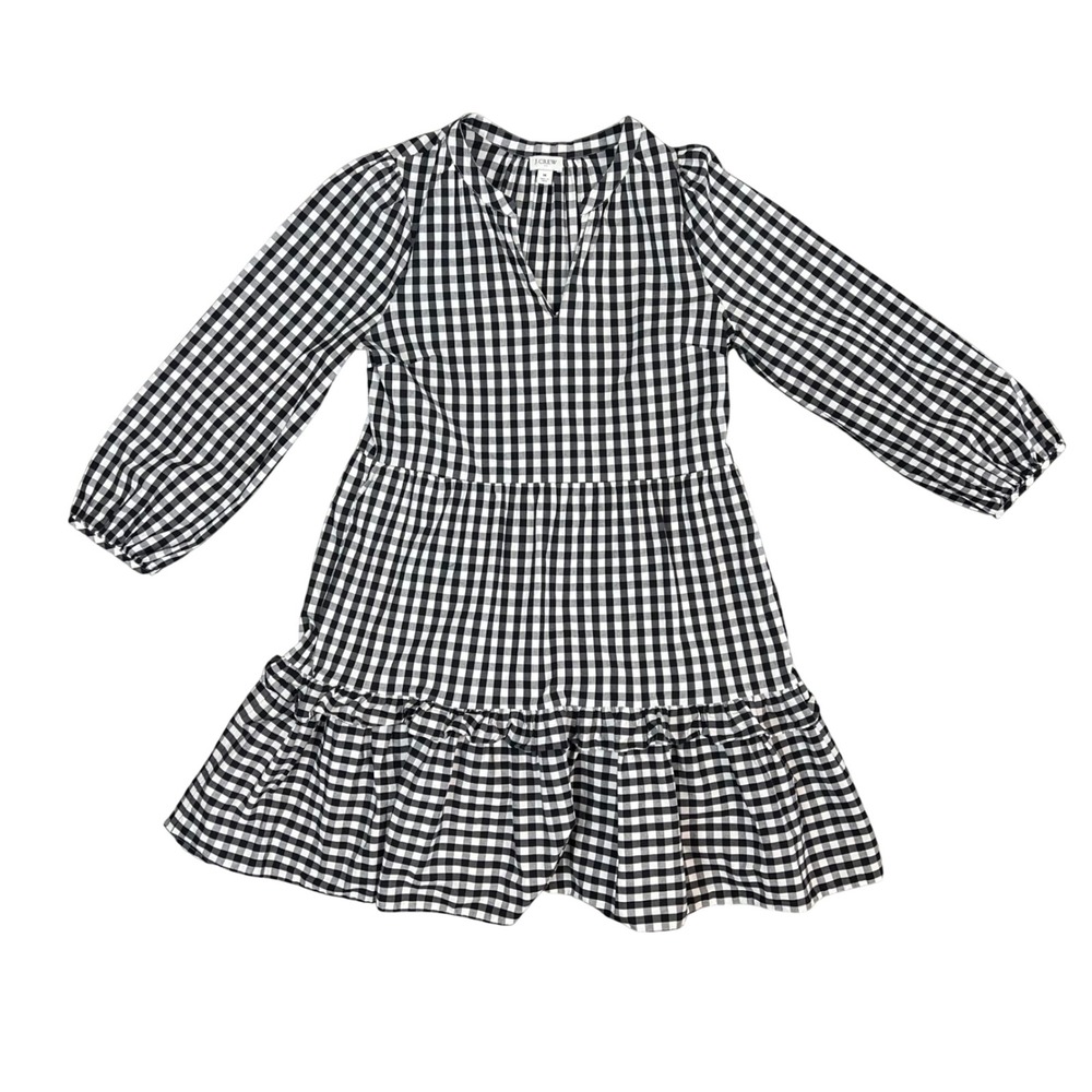 J.Crew Womens Gingham Tiered Mini Dress Black White V-Neck Long Sleeve Medium - Picture 13 of 14